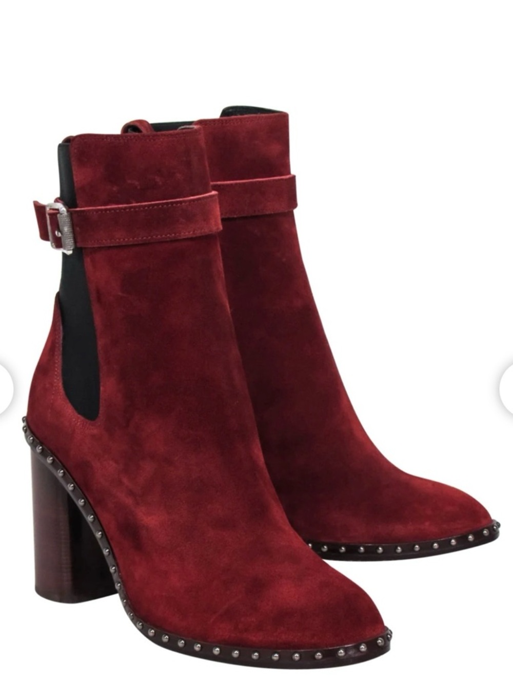 Women's Burgundy Suede Studded Block Heel Ankle Boots